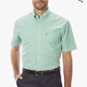 Tommy Hilfiger Mens green and white checked button down shirt size 17 1/2